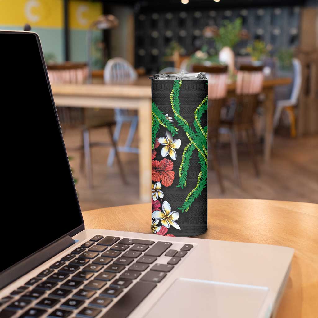 Hawaiian Tropical Flowers and Maile Pikake Skinny Tumbler Polynesian Tribal Pattern Black Color LT03 - Polynesian Pride