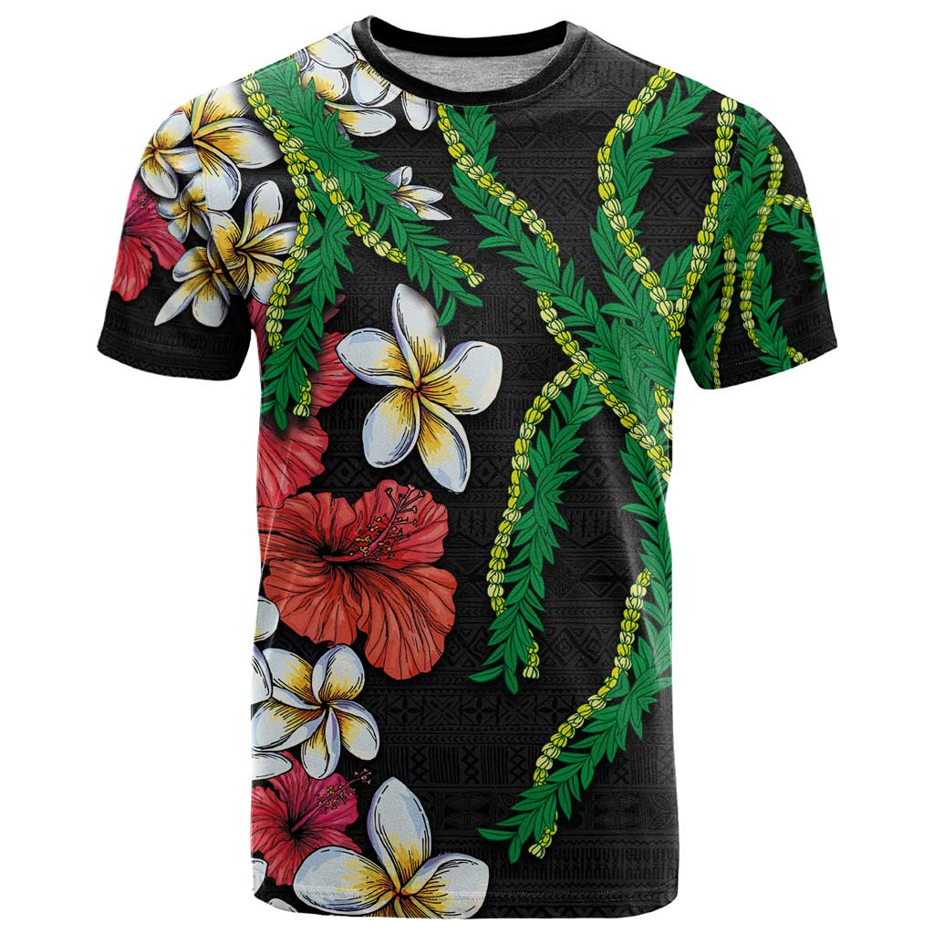 Hawaiian Tropical Flowers and Maile Pikake T Shirt Polynesian Tribal Pattern Black Color LT03 Black - Polynesian Pride