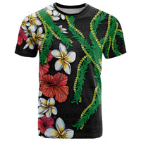 Hawaiian Tropical Flowers and Maile Pikake T Shirt Polynesian Tribal Pattern Black Color LT03 Black - Polynesian Pride