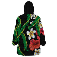 Hawaiian Tropical Flowers and Maile Pikake Wearable Blanket Hoodie Polynesian Tribal Pattern Black Color LT03 - Polynesian Pride