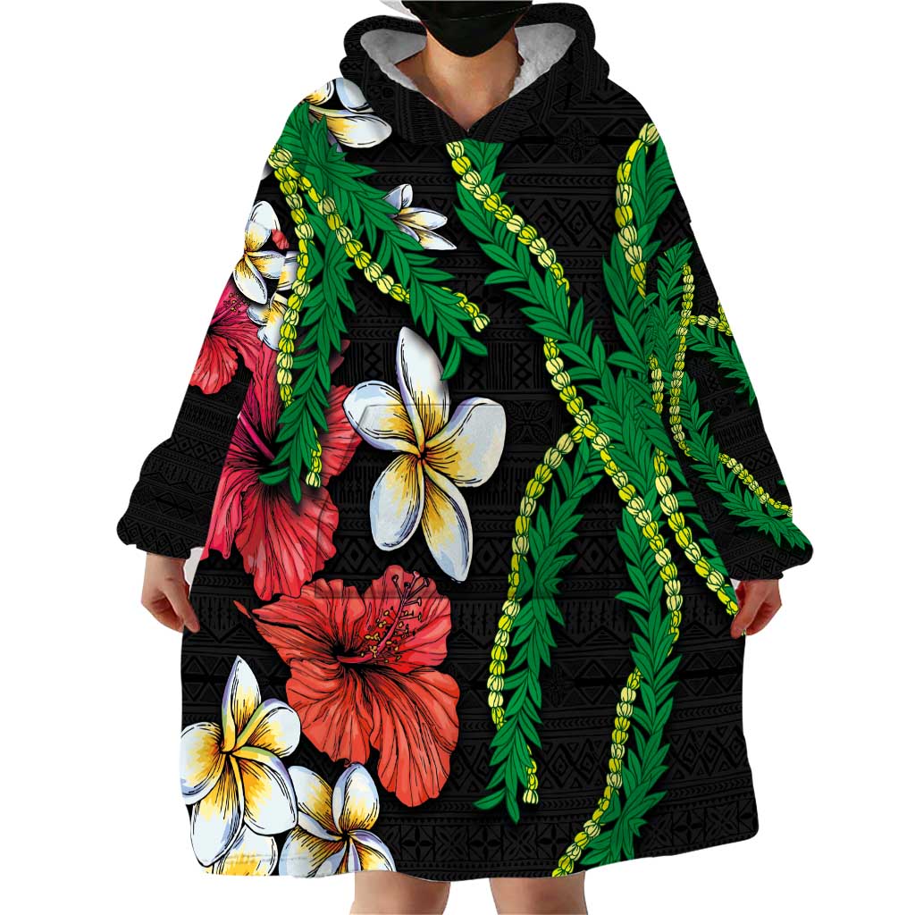 Hawaiian Tropical Flowers and Maile Pikake Wearable Blanket Hoodie Polynesian Tribal Pattern Black Color LT03 - Polynesian Pride