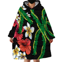 Hawaiian Tropical Flowers and Maile Pikake Wearable Blanket Hoodie Polynesian Tribal Pattern Black Color LT03 - Polynesian Pride