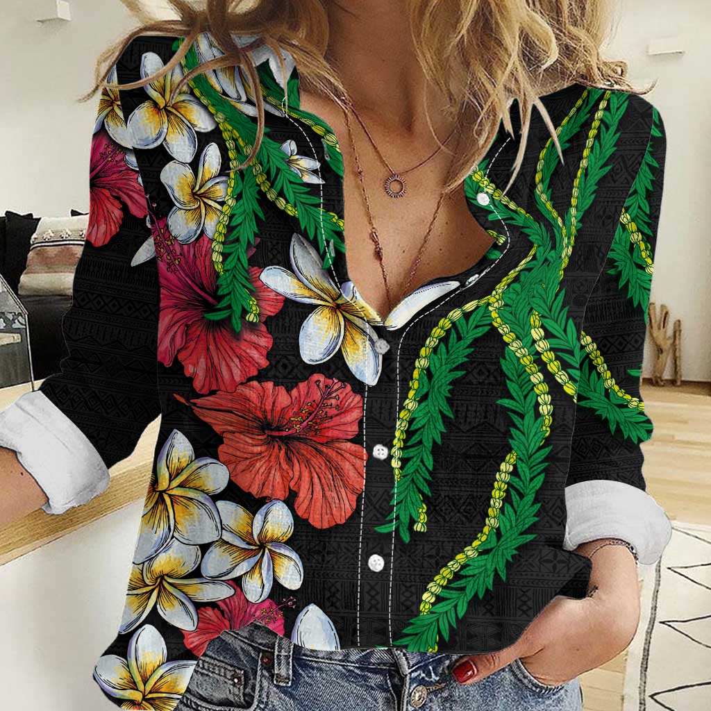Hawaiian Tropical Flowers and Maile Pikake Women Casual Shirt Polynesian Tribal Pattern Black Color LT03 Female Black - Polynesian Pride