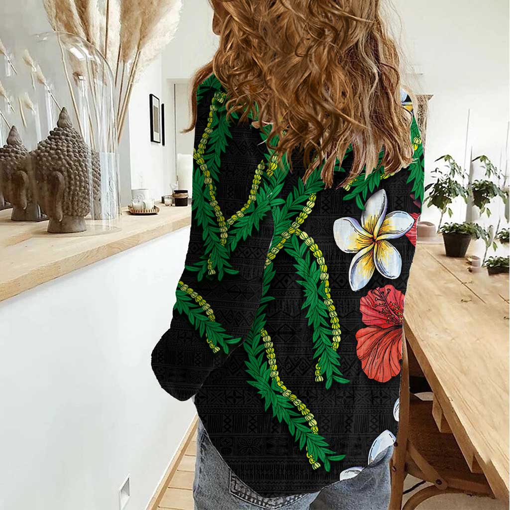 Hawaiian Tropical Flowers and Maile Pikake Women Casual Shirt Polynesian Tribal Pattern Black Color LT03 - Polynesian Pride