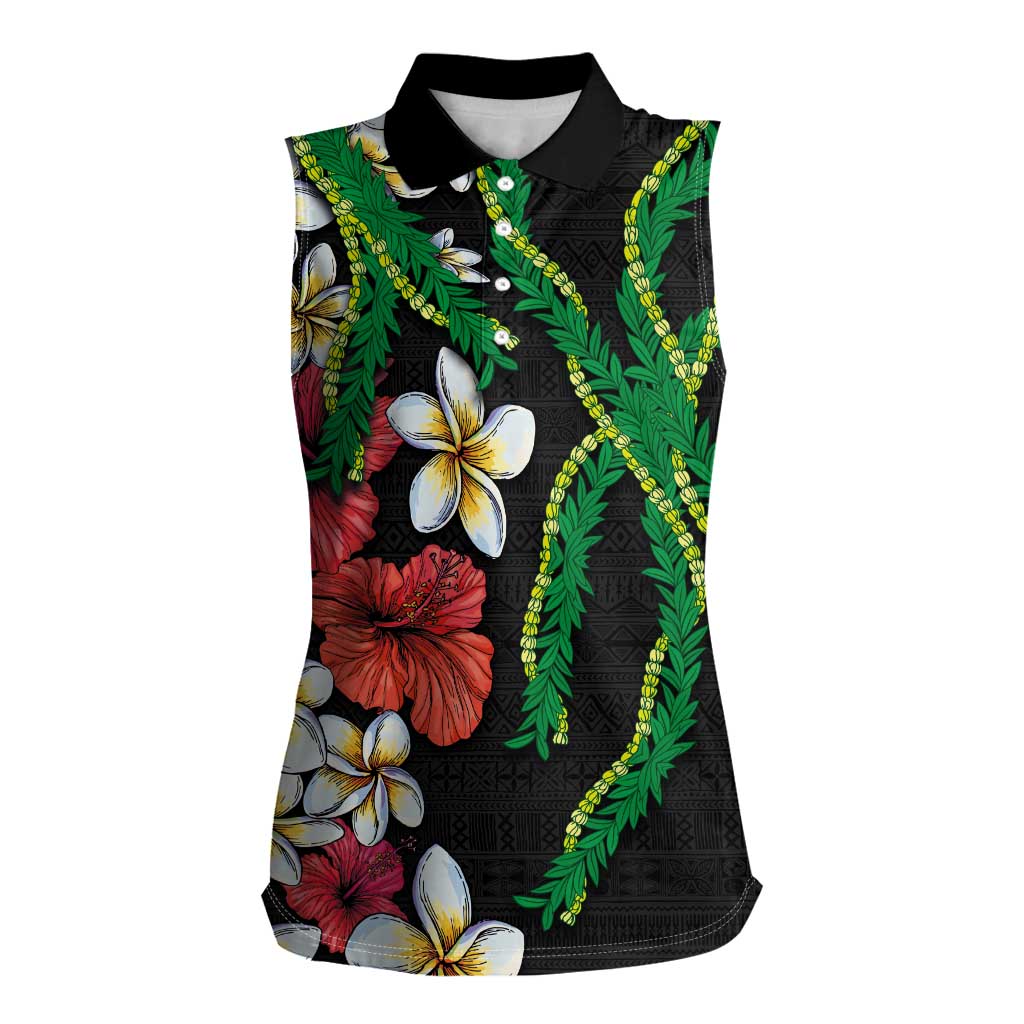 Hawaiian Tropical Flowers and Maile Pikake Women Sleeveless Polo Shirt Polynesian Tribal Pattern Black Color LT03 Female Black - Polynesian Pride