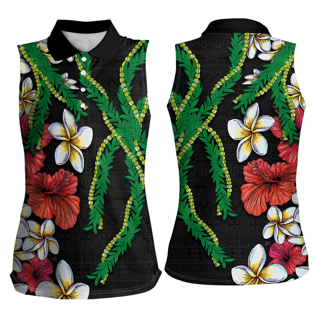 Hawaiian Tropical Flowers and Maile Pikake Women Sleeveless Polo Shirt Polynesian Tribal Pattern Black Color LT03 - Polynesian Pride