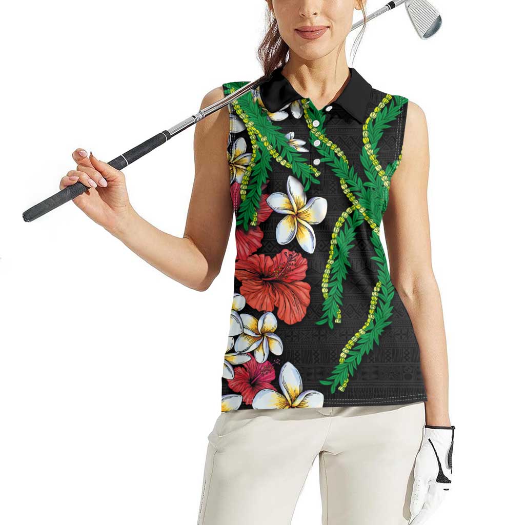 Hawaiian Tropical Flowers and Maile Pikake Women Sleeveless Polo Shirt Polynesian Tribal Pattern Black Color LT03 - Polynesian Pride
