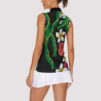 Hawaiian Tropical Flowers and Maile Pikake Women Sleeveless Polo Shirt Polynesian Tribal Pattern Black Color LT03 - Polynesian Pride