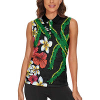 Hawaiian Tropical Flowers and Maile Pikake Women Sleeveless Polo Shirt Polynesian Tribal Pattern Black Color LT03 - Polynesian Pride
