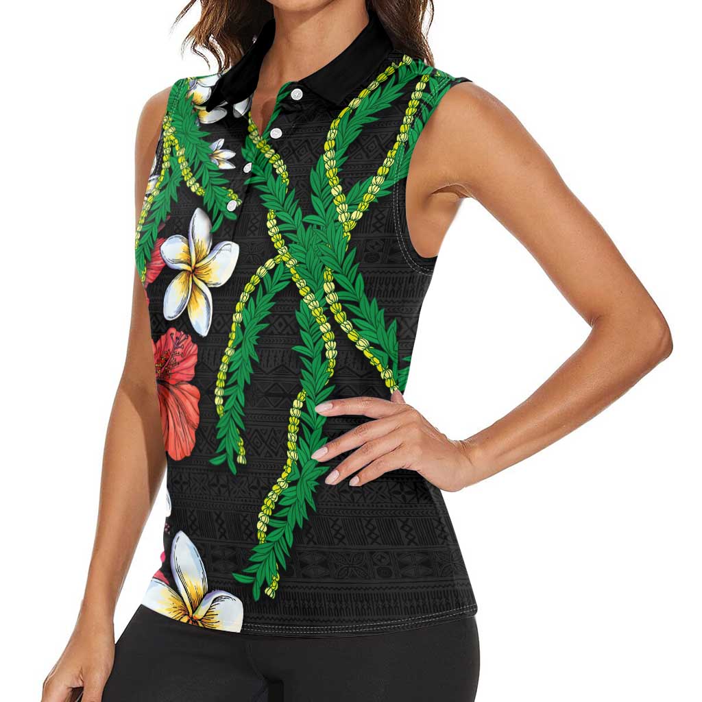 Hawaiian Tropical Flowers and Maile Pikake Women Sleeveless Polo Shirt Polynesian Tribal Pattern Black Color LT03 - Polynesian Pride