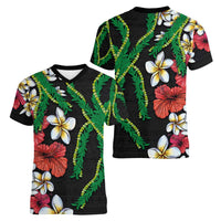 Hawaiian Tropical Flowers and Maile Pikake Women V-Neck T-Shirt Polynesian Tribal Pattern Black Color LT03 - Polynesian Pride