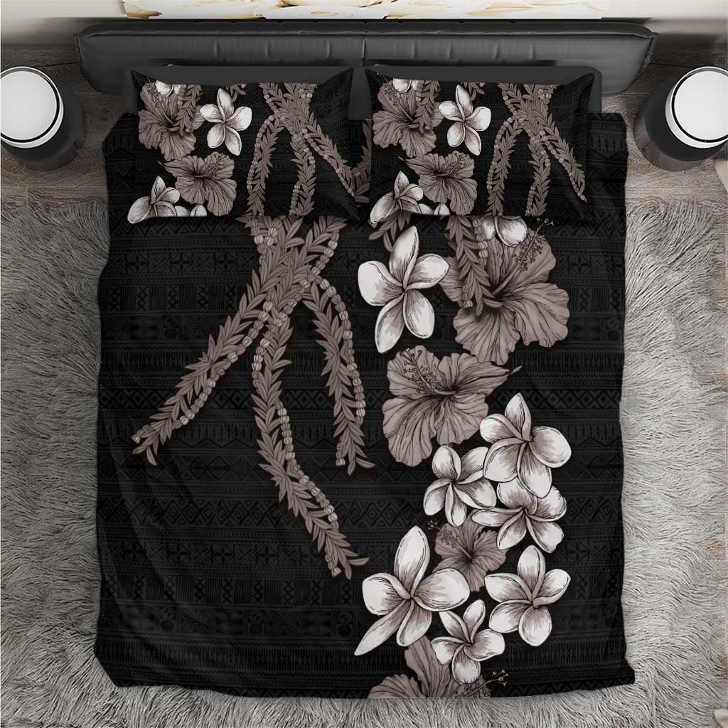 Hawaiian Tropical Flowers and Maile Pikake Bedding Set Polynesian Tribal Pattern Grayscale Mode LT03 Black - Polynesian Pride
