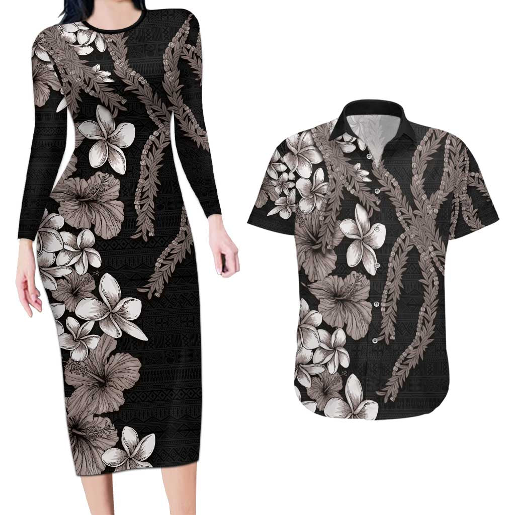Hawaiian Tropical Flowers and Maile Pikake Couples Matching Long Sleeve Bodycon Dress and Hawaiian Shirt Polynesian Tribal Pattern Grayscale Mode LT03 Black - Polynesian Pride