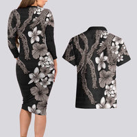 Hawaiian Tropical Flowers and Maile Pikake Couples Matching Long Sleeve Bodycon Dress and Hawaiian Shirt Polynesian Tribal Pattern Grayscale Mode LT03 - Polynesian Pride