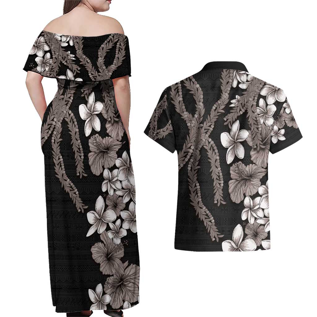 Hawaiian Tropical Flowers and Maile Pikake Couples Matching Off Shoulder Maxi Dress and Hawaiian Shirt Polynesian Tribal Pattern Grayscale Mode LT03 - Polynesian Pride