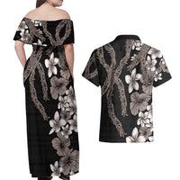 Hawaiian Tropical Flowers and Maile Pikake Couples Matching Off Shoulder Maxi Dress and Hawaiian Shirt Polynesian Tribal Pattern Grayscale Mode LT03 - Polynesian Pride