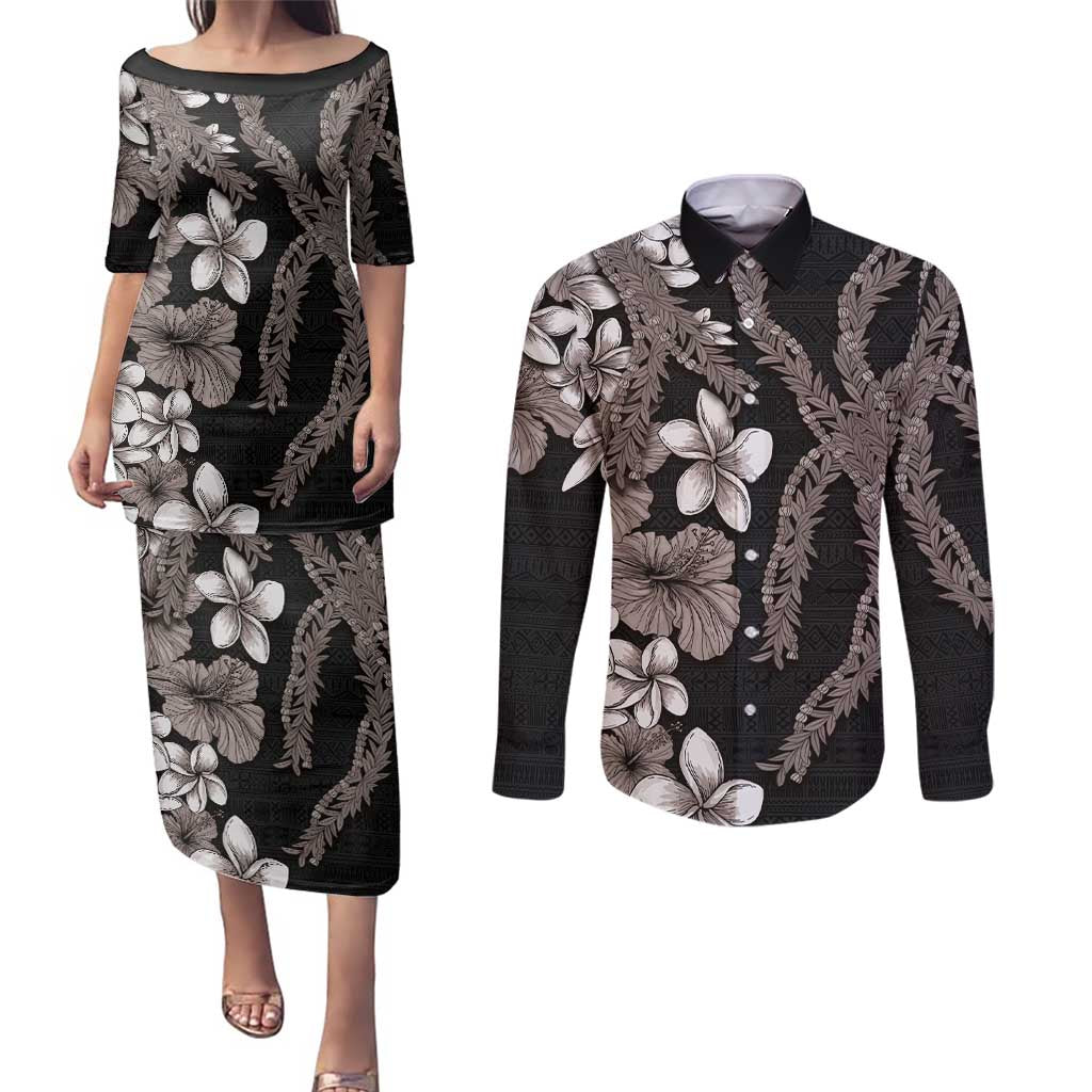 Hawaiian Tropical Flowers and Maile Pikake Couples Matching Puletasi and Long Sleeve Button Shirt Polynesian Tribal Pattern Grayscale Mode LT03 Black - Polynesian Pride