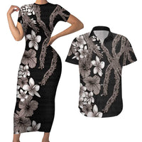 Hawaiian Tropical Flowers and Maile Pikake Couples Matching Short Sleeve Bodycon Dress and Hawaiian Shirt Polynesian Tribal Pattern Grayscale Mode LT03 Black - Polynesian Pride