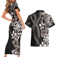 Hawaiian Tropical Flowers and Maile Pikake Couples Matching Short Sleeve Bodycon Dress and Hawaiian Shirt Polynesian Tribal Pattern Grayscale Mode LT03 - Polynesian Pride