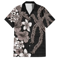 Hawaiian Tropical Flowers and Maile Pikake Family Matching Long Sleeve Bodycon Dress and Hawaiian Shirt Polynesian Tribal Pattern Grayscale Mode