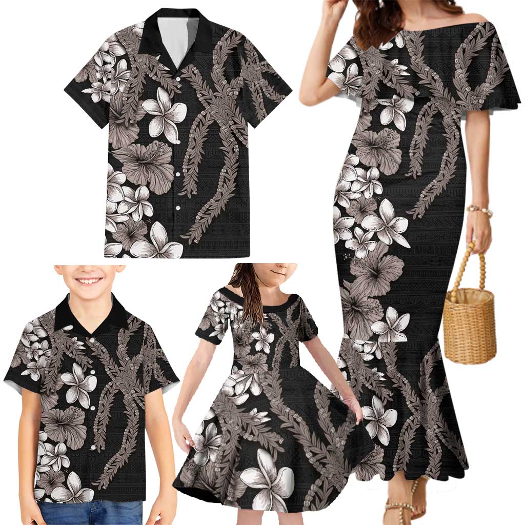 Hawaiian Tropical Flowers and Maile Pikake Family Matching Mermaid Dress and Hawaiian Shirt Polynesian Tribal Pattern Grayscale Mode LT03 - Polynesian Pride
