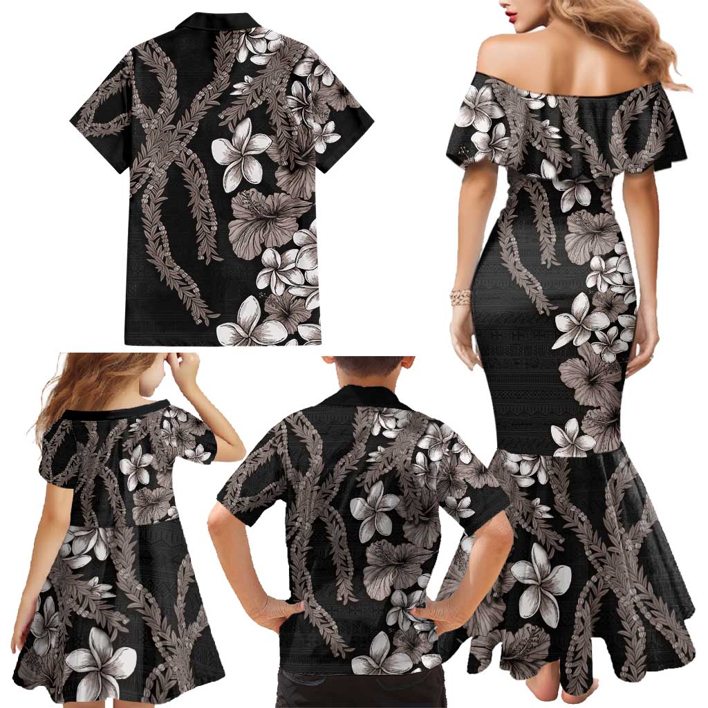 Hawaiian Tropical Flowers and Maile Pikake Family Matching Mermaid Dress and Hawaiian Shirt Polynesian Tribal Pattern Grayscale Mode LT03 - Polynesian Pride
