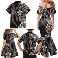 Hawaiian Tropical Flowers and Maile Pikake Family Matching Mermaid Dress and Hawaiian Shirt Polynesian Tribal Pattern Grayscale Mode LT03 - Polynesian Pride