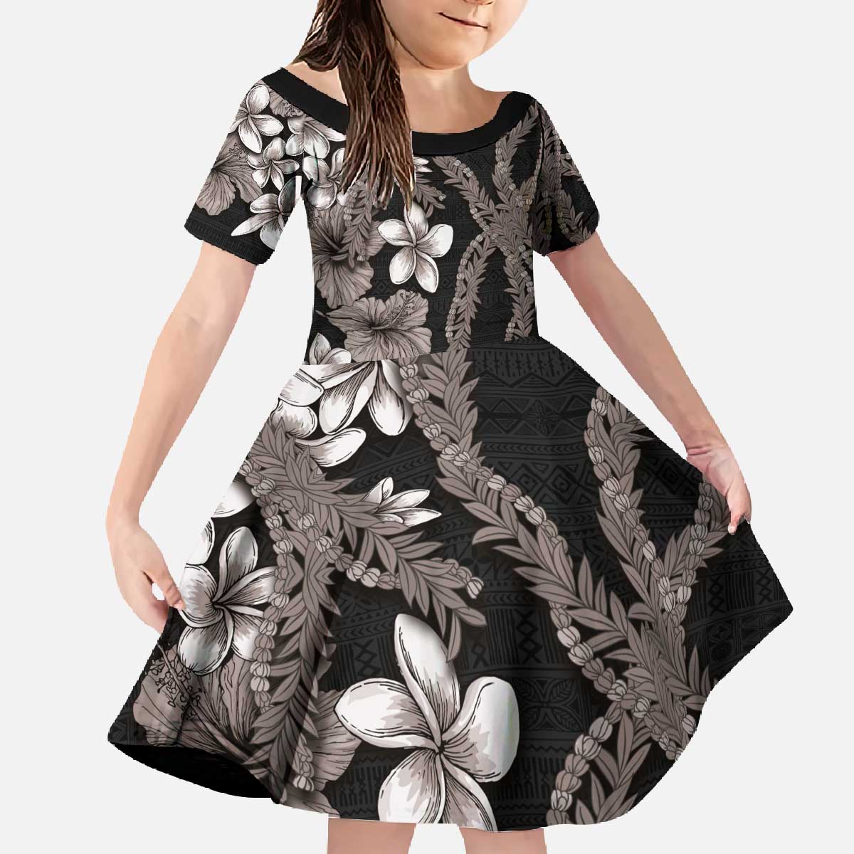 Hawaiian Tropical Flowers and Maile Pikake Family Matching Off The Shoulder Long Sleeve Dress and Hawaiian Shirt Polynesian Tribal Pattern Grayscale Mode LT03 Daughter's Dress Black - Polynesian Pride