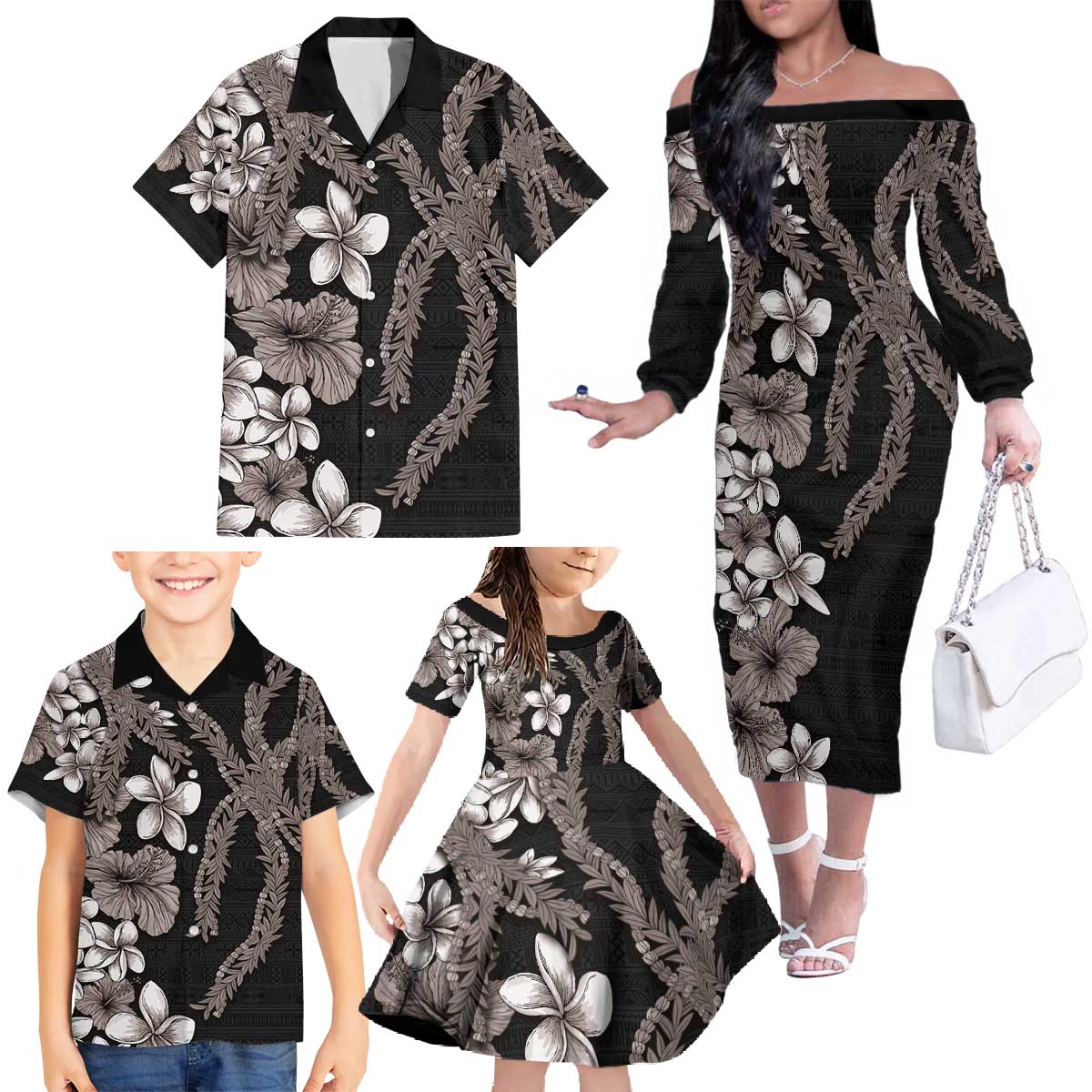 Hawaiian Tropical Flowers and Maile Pikake Family Matching Off The Shoulder Long Sleeve Dress and Hawaiian Shirt Polynesian Tribal Pattern Grayscale Mode LT03 - Polynesian Pride