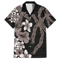 Hawaiian Tropical Flowers and Maile Pikake Family Matching Off The Shoulder Long Sleeve Dress and Hawaiian Shirt Polynesian Tribal Pattern Grayscale Mode LT03 Dad's Shirt - Short Sleeve Black - Polynesian Pride
