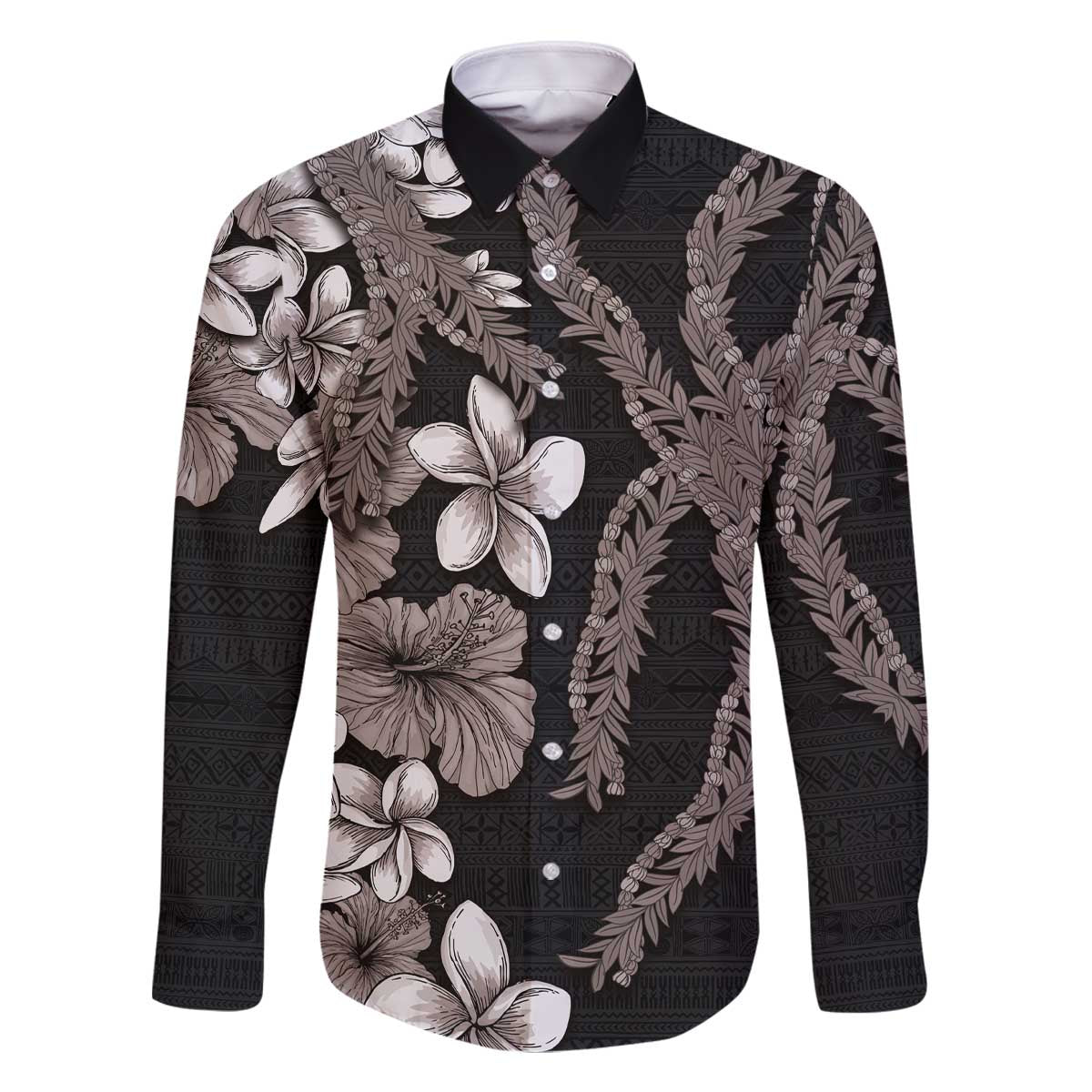 Hawaiian Tropical Flowers and Maile Pikake Family Matching Off The Shoulder Long Sleeve Dress and Hawaiian Shirt Polynesian Tribal Pattern Grayscale Mode LT03 Dad's Shirt - Long Sleeve Black - Polynesian Pride