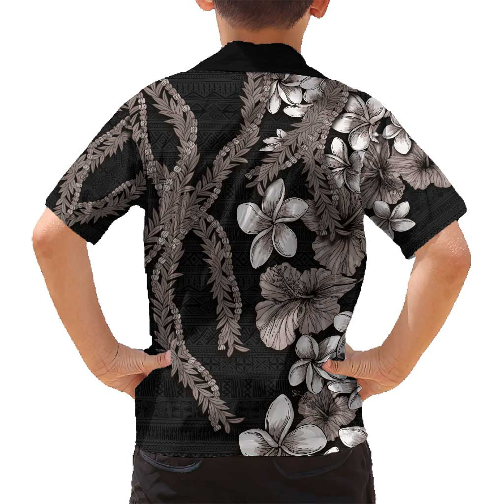 Hawaiian Tropical Flowers and Maile Pikake Family Matching Off Shoulder Maxi Dress and Hawaiian Shirt Polynesian Tribal Pattern Grayscale Mode LT03 - Polynesian Pride