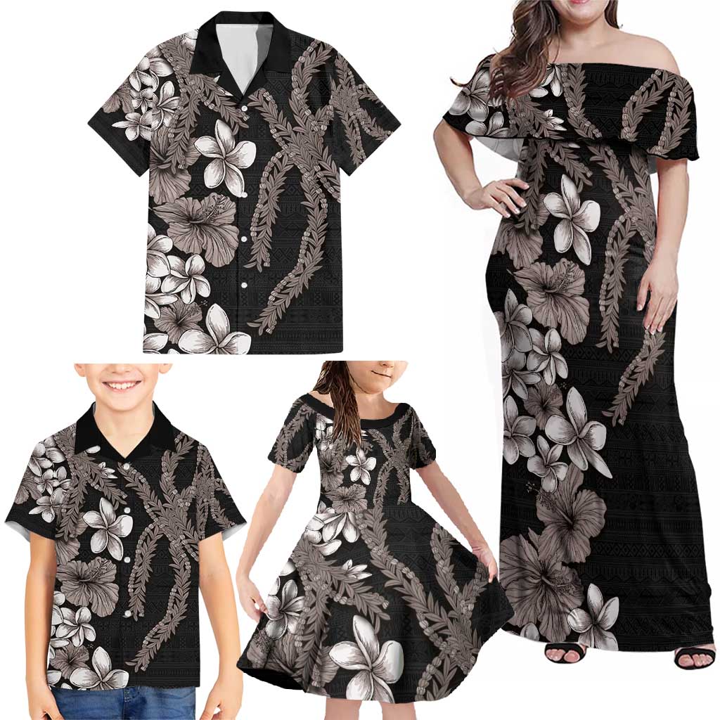 Hawaiian Tropical Flowers and Maile Pikake Family Matching Off Shoulder Maxi Dress and Hawaiian Shirt Polynesian Tribal Pattern Grayscale Mode LT03 - Polynesian Pride