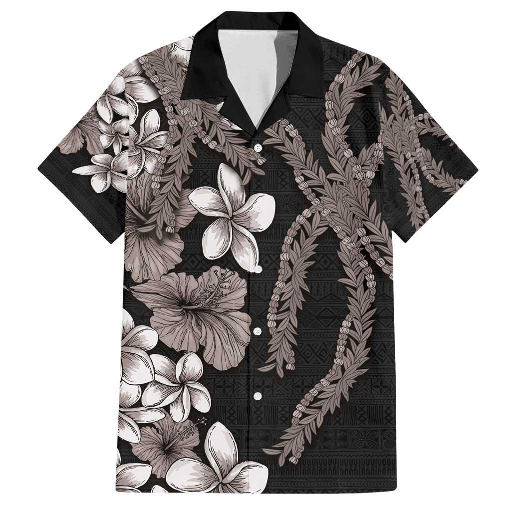 Hawaiian Tropical Flowers and Maile Pikake Family Matching Off Shoulder Maxi Dress and Hawaiian Shirt Polynesian Tribal Pattern Grayscale Mode LT03 Dad's Shirt - Short Sleeve Black - Polynesian Pride