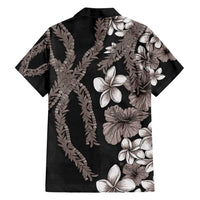 Hawaiian Tropical Flowers and Maile Pikake Family Matching Off Shoulder Maxi Dress and Hawaiian Shirt Polynesian Tribal Pattern Grayscale Mode LT03 - Polynesian Pride