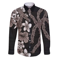 Hawaiian Tropical Flowers and Maile Pikake Family Matching Off Shoulder Maxi Dress and Hawaiian Shirt Polynesian Tribal Pattern Grayscale Mode LT03 Dad's Shirt - Long Sleeve Black - Polynesian Pride