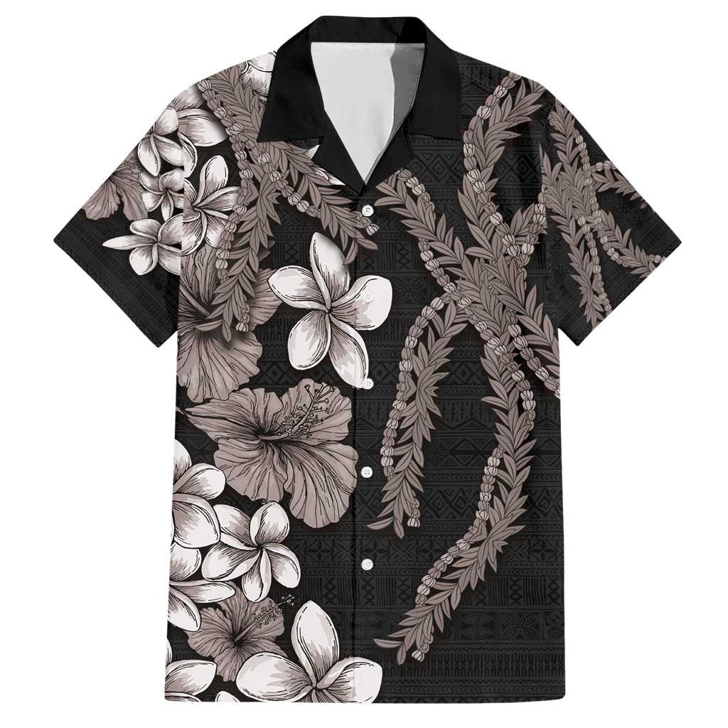 Hawaiian Tropical Flowers and Maile Pikake Family Matching Short Sleeve Bodycon Dress and Hawaiian Shirt Polynesian Tribal Pattern Grayscale Mode
