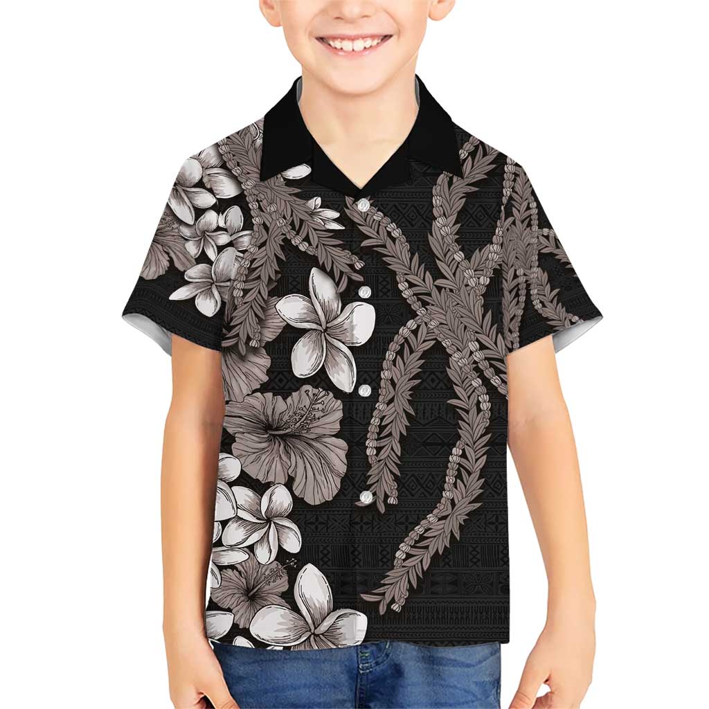 Hawaiian Tropical Flowers and Maile Pikake Kid Hawaiian Shirt Polynesian Tribal Pattern Grayscale Mode LT03 Kid Black - Polynesian Pride