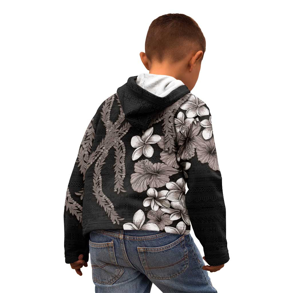 Hawaiian Tropical Flowers and Maile Pikake Kid Hoodie Polynesian Tribal Pattern Grayscale Mode LT03 - Polynesian Pride