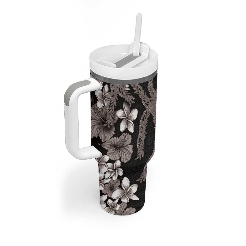 Hawaiian Tropical Flowers and Maile Pikake Tumbler With Handle Polynesian Tribal Pattern Grayscale Mode