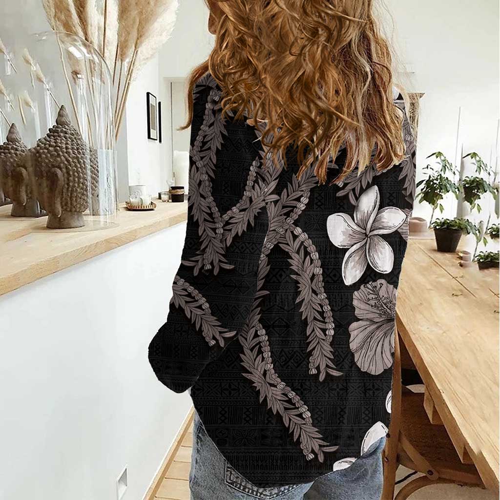 Hawaiian Tropical Flowers and Maile Pikake Women Casual Shirt Polynesian Tribal Pattern Grayscale Mode