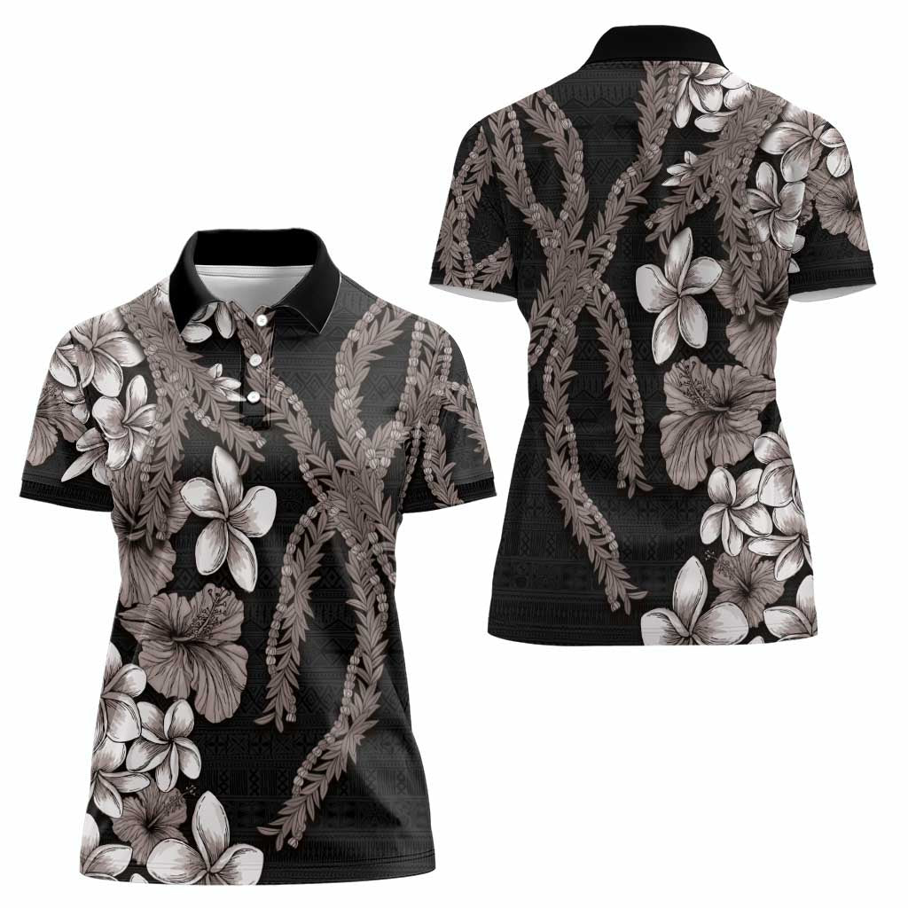 Hawaiian Tropical Flowers and Maile Pikake Women Polo Shirt Polynesian Tribal Pattern Grayscale Mode