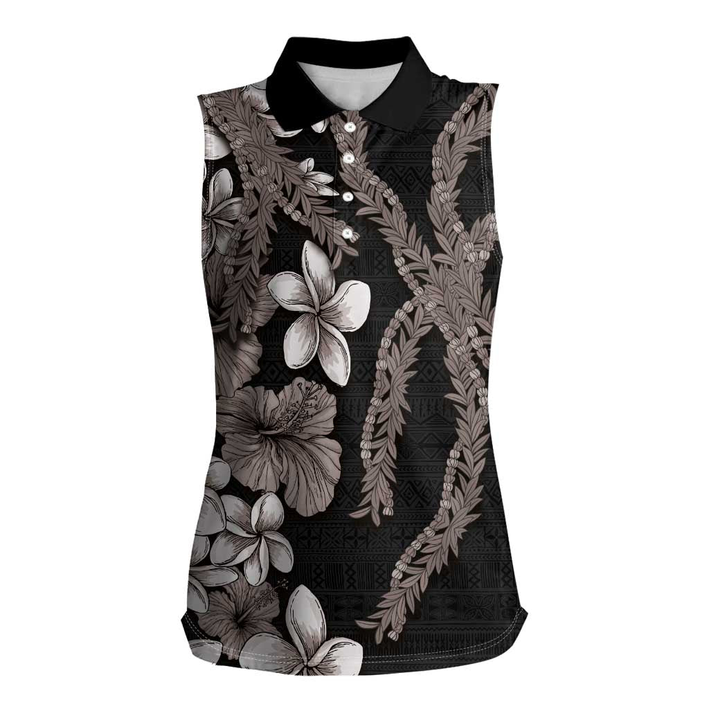 Hawaiian Tropical Flowers and Maile Pikake Women Sleeveless Polo Shirt Polynesian Tribal Pattern Grayscale Mode LT03 Female Black - Polynesian Pride