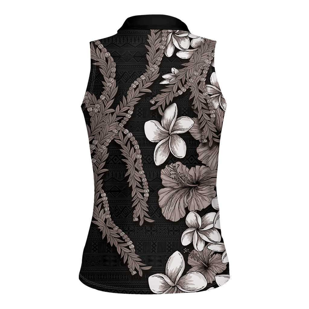 Hawaiian Tropical Flowers and Maile Pikake Women Sleeveless Polo Shirt Polynesian Tribal Pattern Grayscale Mode LT03 - Polynesian Pride