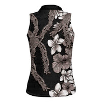 Hawaiian Tropical Flowers and Maile Pikake Women Sleeveless Polo Shirt Polynesian Tribal Pattern Grayscale Mode LT03 - Polynesian Pride