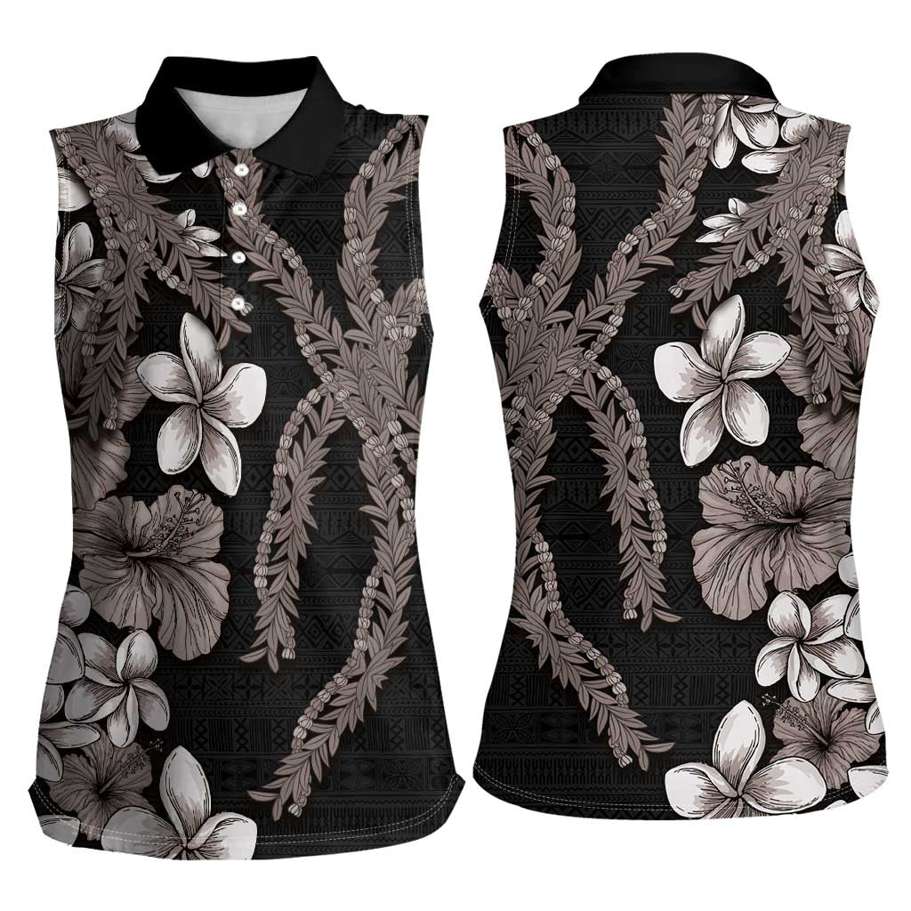 Hawaiian Tropical Flowers and Maile Pikake Women Sleeveless Polo Shirt Polynesian Tribal Pattern Grayscale Mode LT03 - Polynesian Pride