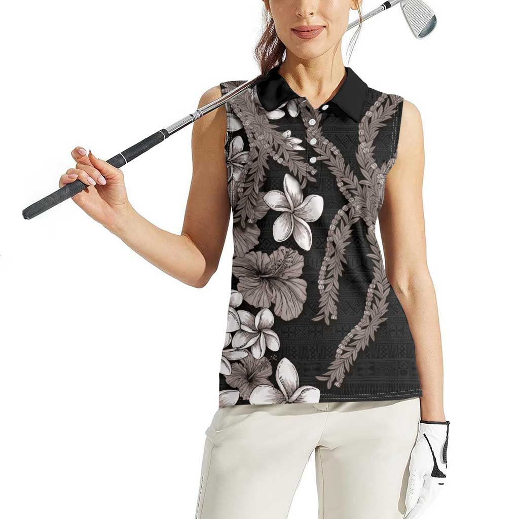 Hawaiian Tropical Flowers and Maile Pikake Women Sleeveless Polo Shirt Polynesian Tribal Pattern Grayscale Mode LT03 - Polynesian Pride