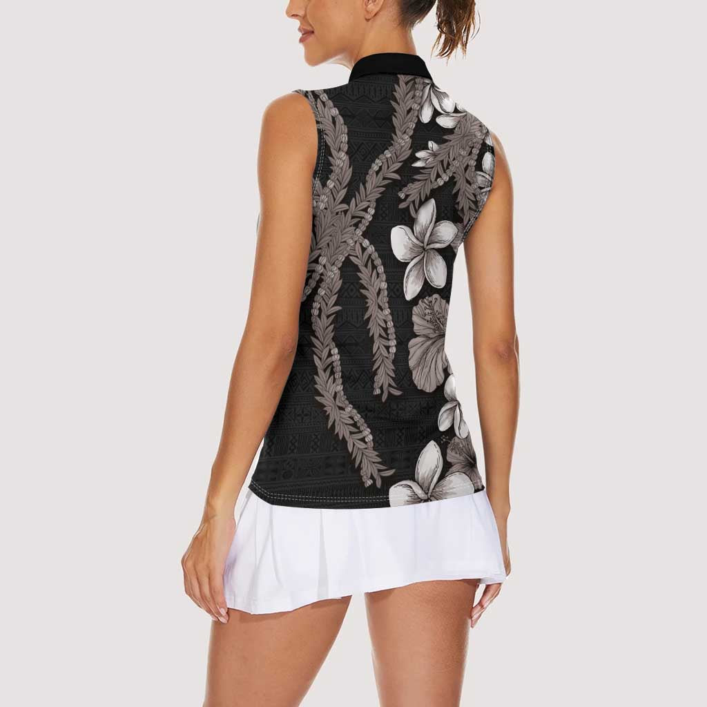 Hawaiian Tropical Flowers and Maile Pikake Women Sleeveless Polo Shirt Polynesian Tribal Pattern Grayscale Mode LT03 - Polynesian Pride