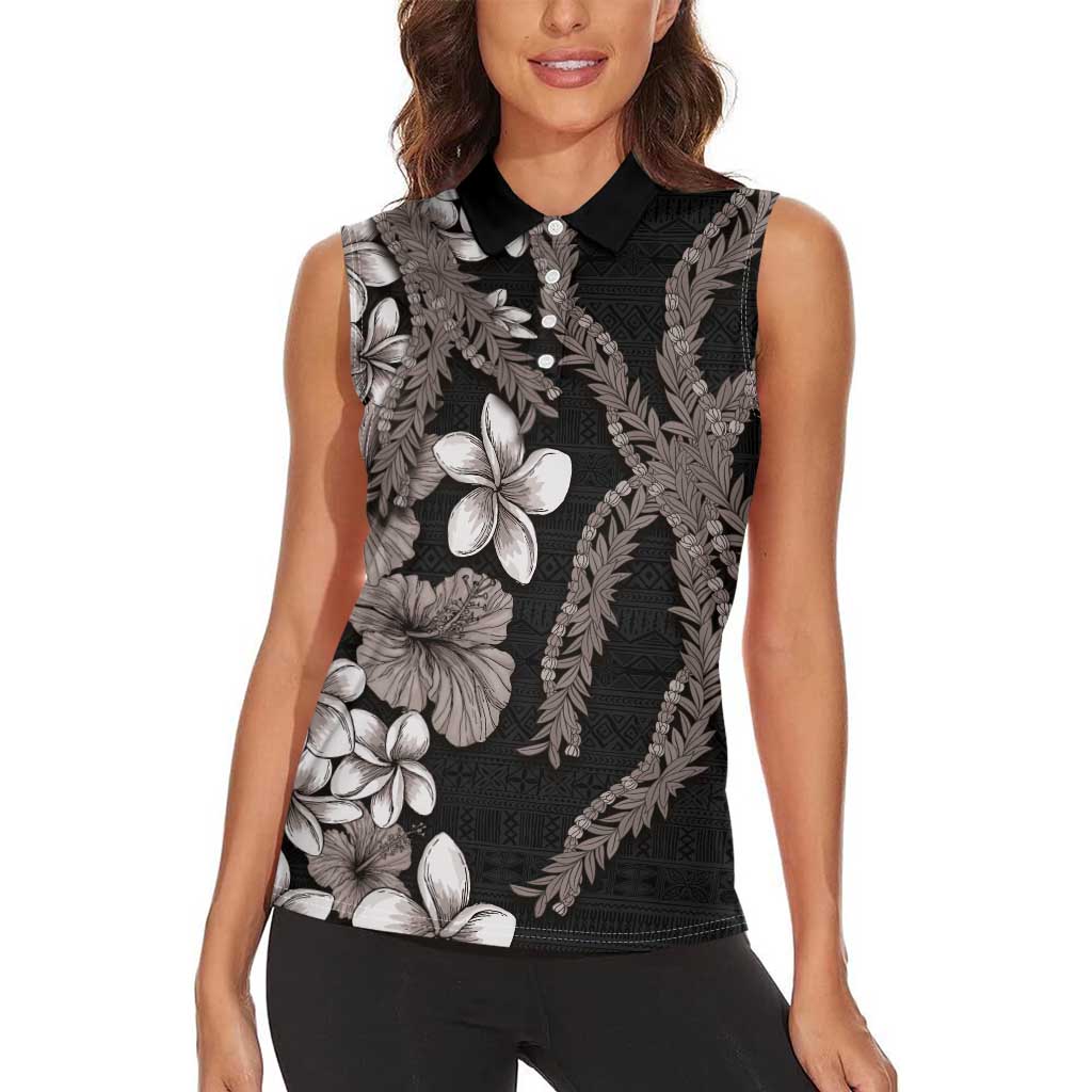 Hawaiian Tropical Flowers and Maile Pikake Women Sleeveless Polo Shirt Polynesian Tribal Pattern Grayscale Mode LT03 - Polynesian Pride