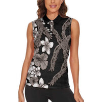 Hawaiian Tropical Flowers and Maile Pikake Women Sleeveless Polo Shirt Polynesian Tribal Pattern Grayscale Mode LT03 - Polynesian Pride